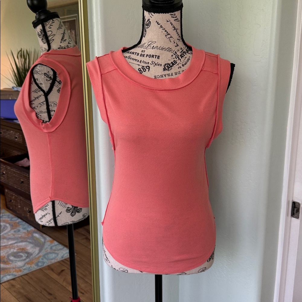 Free People Kate Ribbed Tank Top in Coral Pink